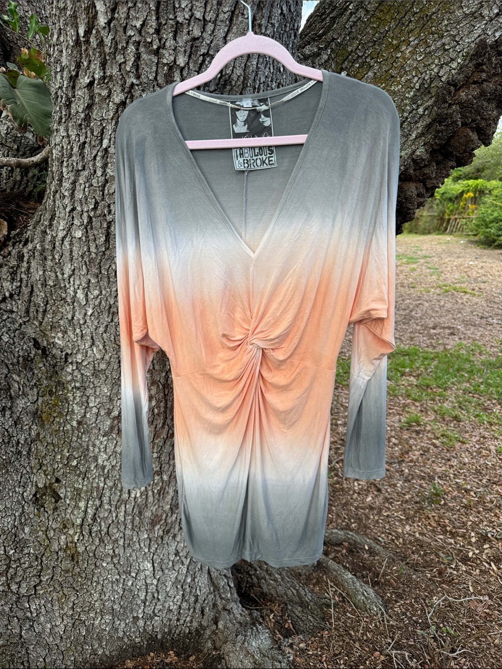 YFB Ombre Twist-Front V-Neck SlinkyTie Dye Mini Dress Peach & Gray.Size S